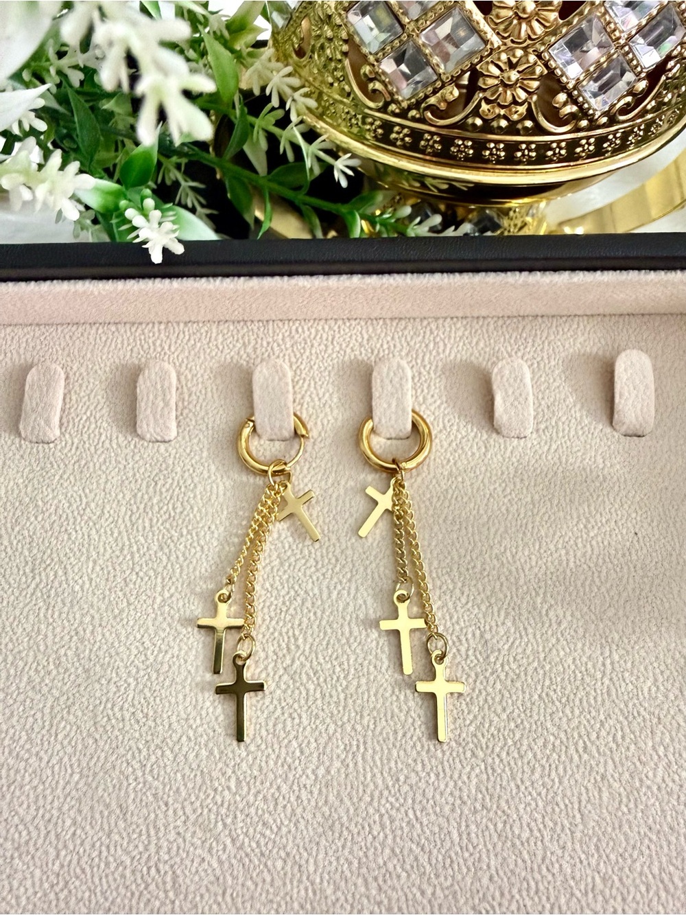 Gold Cross Dangle Earrings -18k gold plated stainless steel